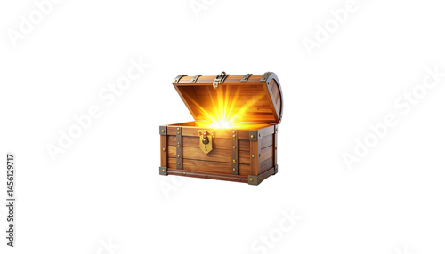 wooden treasure chest is open, revealing bright, glowing light emanating from within. chest features metal accents and classic design, evoking sense of adventure and mystery photo