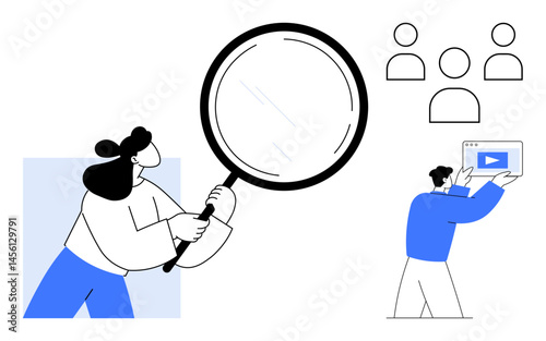 Woman examining with magnifying glass, man holding video player, audience icons representing teamwork, research, analytics, education, marketing, communication, ideal for simple landing page