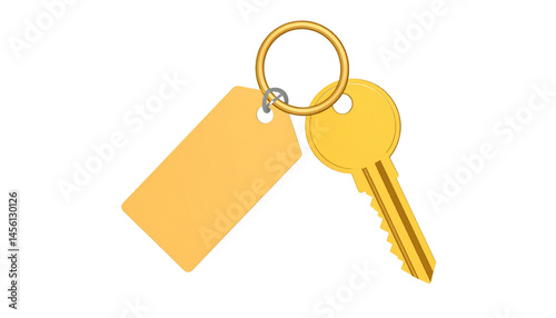 golden key with circular keyring and blank tag attached, symbolizing security and access. This evokes sense of ownership and importance of keys in daily life