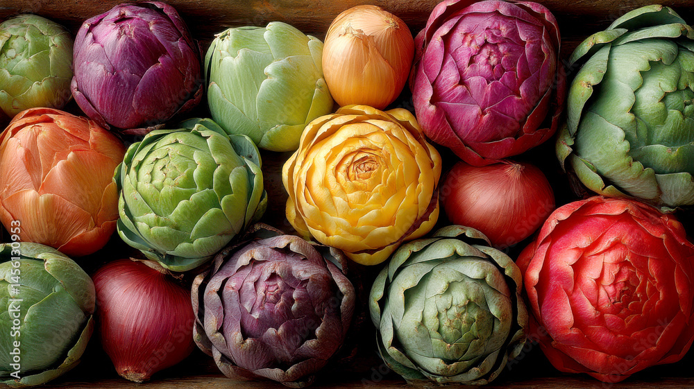Fototapeta premium Fresh artichokes and onions in various colors create vibrant display