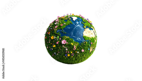 vibrant globe covered lush greenery and colorful flowers symbolizes beauty of nature and importance of environmental conservation. This artistic representation evokes sense of harmony