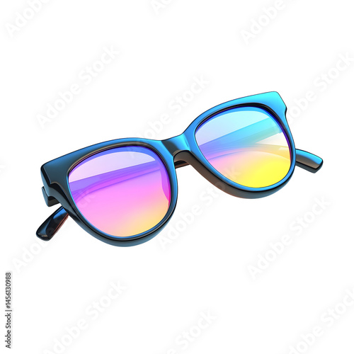 Stylish 3D sunglasses with rainbow lens and black frame.