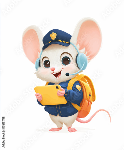 Adorable 2D cartoon illustration of an anthropomorphic white mouse dressed as a cheerful police officer, holding a yellow tablet, with a blue cap, headset, and backpack.