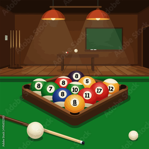 Billiard Game Setup with Balls Triangle and Cue Stick on Table