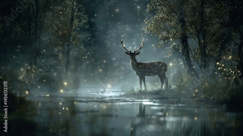 Fantasy deer with glowing antlers standing in a misty enchanted forest, moonlight casting silver reflections, surrounded by magical fireflies and ancient trees, creating a surreal atmosphere.