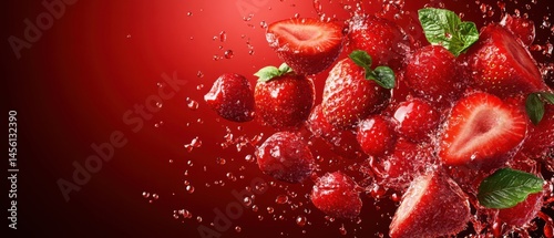 Fresh strawberries splashing in juice on red background Concept of summer, healthy eating, and refreshment