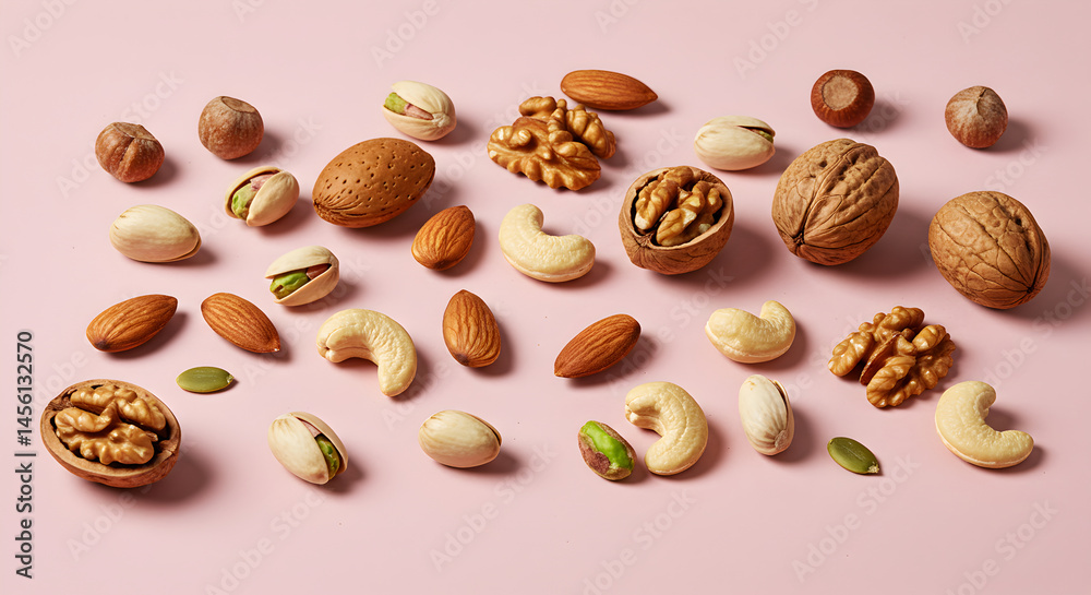 Diverse Assortment Of Nutritious Nuts Against Rosy Backdrop Healthy Eating Concept Diverse Assortment Of Nutritious Nuts Against Rosy Backdrop Healthy Eating Concept