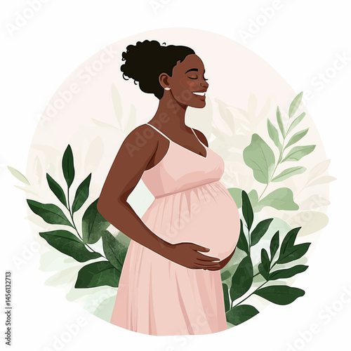Vector illustration of a smiling pregnant woman in profile, gently cradling her belly, drawn in a clean, modern line-art style — perfect for maternity, wellness, or healthcare branding.