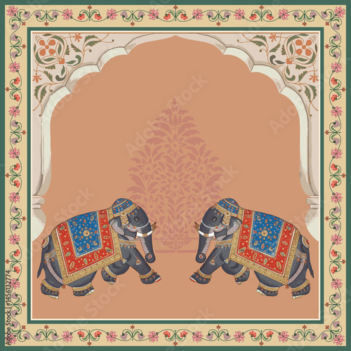 Wallpaper Mural Mughal Rajasthani art style featuring adorned elephants floral archway and decorative border Torontodigital.ca