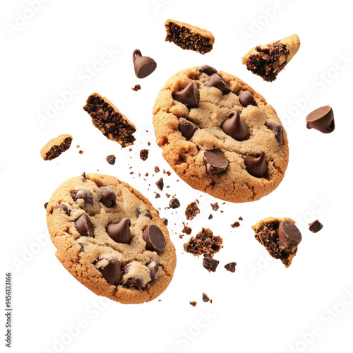 Flying Chocolate Chip Cookies with Crumbs Isolated on White Background