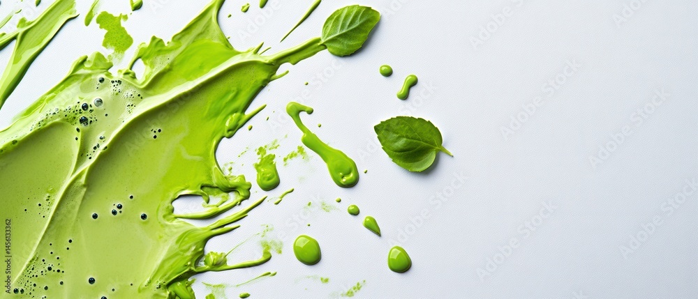 Vibrant green paint splash with fresh basil leaves on white background Concept of organic food, healthy eating, and creative culinary presentation Vibrant green paint splash with fresh basil leaves on white background Concept of organic food, healthy eating, and creative culinary presentation