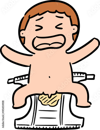 Illustration of baby wearing disposable diaper
