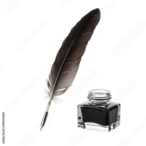 Black Quill Pen and Inkwell: A Vintage Writing Image on transparent background
