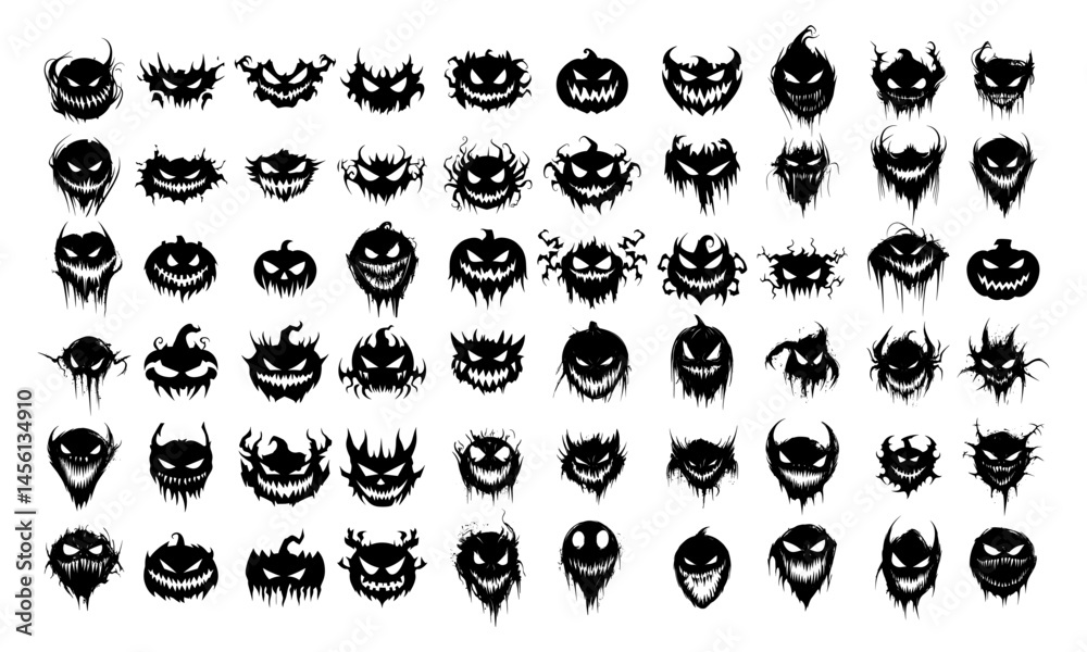 Obraz premium Black ink halloween pumpkin faces icons. Scary vegetable heads, grinning evil ghost emotion with angry eyes, tiny horror monster simple avatars, isolated vector on white background