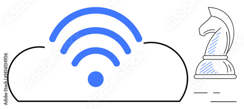 Cloud with wireless signal and chess knight representing technology, connectivity, digital strategy, and intelligent planning. Ideal for business, innovation, internet, cloud services, networking