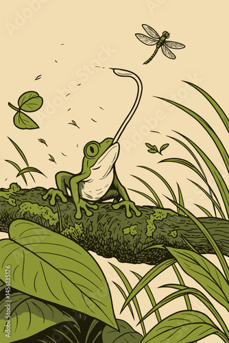 Frog Catching Dragonfly with Tongue Illustration in Green Natural Setting