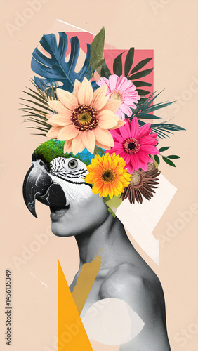 Artistic halftone animal head collage with flowers. Art classes poster, creative ideas concept. Trendy graphic on simple background
