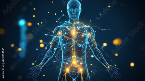 Illuminated human figure with internal network of glowing lines and points against dark background