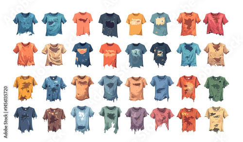 Cartoon dirty torn shirts. Ripped filthy old clothes with holes and dirt, crumpled unclean messy worn out soiled textile casual garments isolated vector set