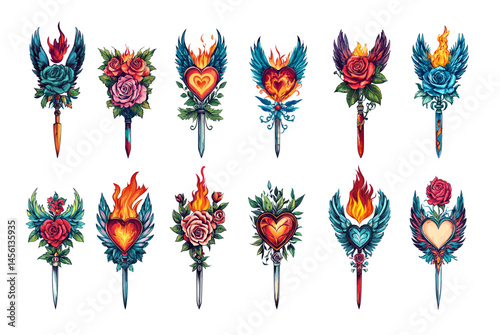 Cartoon flash tattoo concepts. Rose flower blossom with straight razors and sharp blade, winged heart and fire flame with knife, vintage retro old style classical designs isolated on white backdrop