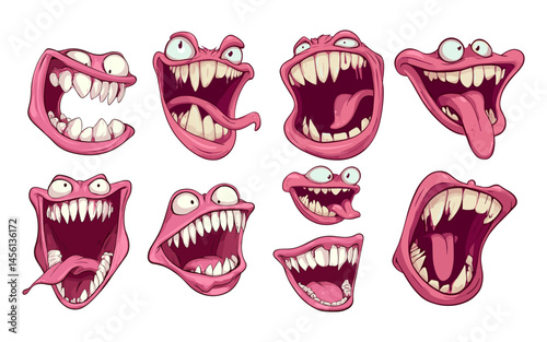Cartoon monster mouth. Funny scary expression character with fangs and big tongue, anger laughing comic creature, halloween creepy spooky bad alien demon, isolated vector on white backdrop