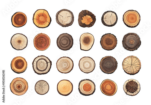 Cartoon tree trunks timber slices. Wood log annual rings cross section cut age circuit stumps plant growth loops, vector set isolated on white background