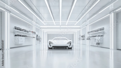 Sleek white sports car showcased in a modern, well-lit garage with futuristic design elements
