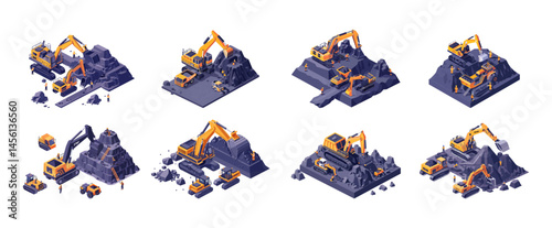 Coal mine excavation isometric vector set. Dump trucks excavator caterpillar prospectors digging quarry, heavy machinery mining minerals production industry, isolated illustrations