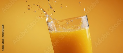Refreshing orange juice splashing in a glass against a vibrant orange background, showcasing a healthy and delicious beverage with dynamic splash