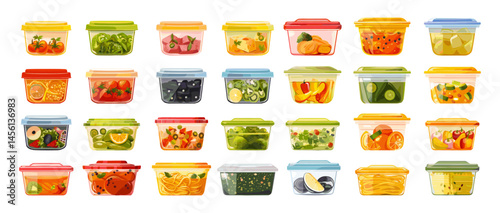 Plastic food containers cartoon vector set. Sealed fruits vegetable salad spaghetti soup lunch boxes kitchen utensils saving takeaway fresh illustrations isolated on white background
