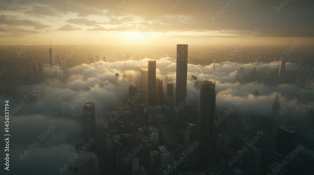 Fototapeta premium Metropolis shrouded in mist golden hour aerial view of a futuristic cityscape urban skyline emerging from fog atmospheric urbanism