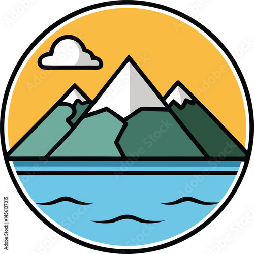mountain peaks rising above a serene lake mascot logo