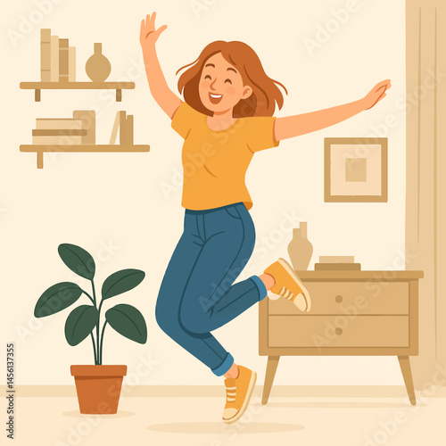 Woman Jumping Indoors Displaying Happiness and Enthusiasm in Her Home