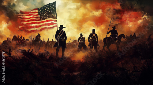 Battle of Gettysburg Soldiers Charging with American and Confederate Flags