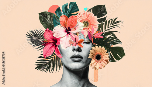 Artistic halftone human head collage with flowers. Art classes poster, creative ideas concept. Trendy graphic on simple background