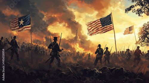 Battle of Gettysburg Soldiers Charging with American and Confederate Flags