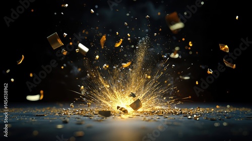 Glittering firework sparks, tiny stars radiating in 3D style on dark black background