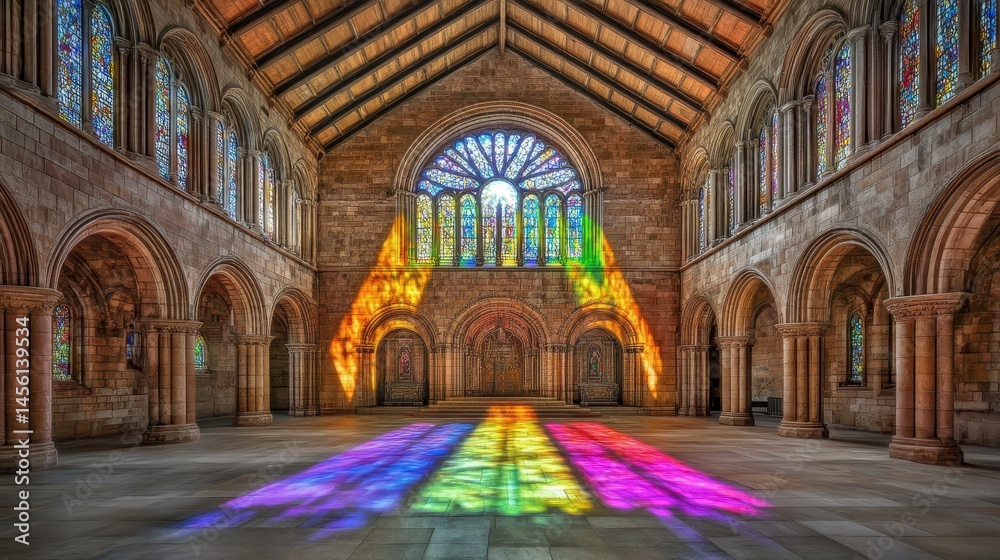 Obraz premium Interior view majestic old church building stained glass windows rainbow light reflection architectural marvel ancient spiritual heritage