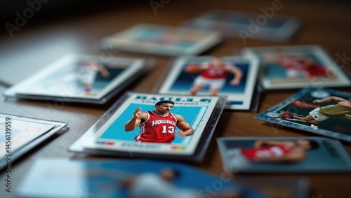Sports trading. Cards closeup. Red uniform. Adult African-American. Collectible hobby. Background use. Digital graphics. Market trends. Passion symbol. Studio shot. Vibrant colors. Competitive theme.