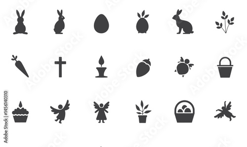 Black Easter Icons Set Bunny, Egg, Cross, Basket & Spring Elements
