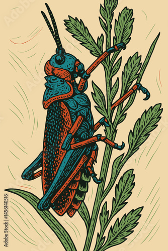 Illustration of Grasshopper Clinging to Plant Stem with Textured Background
