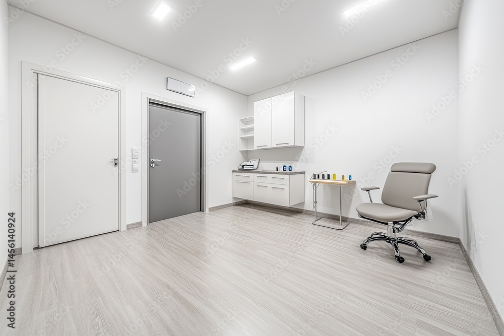 Modern, bright examination room. Clean, minimalist design with light wood floors and white walls. A gray door, light cabinetry, and a comfortable chair are visible Modern, bright examination room. Clean, minimalist design with light wood floors and white walls. A gray door, light cabinetry, and a comfortable chair are visible