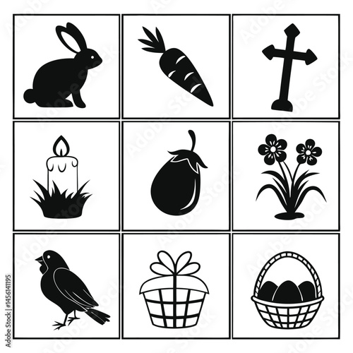 Black Easter Icons Set Bunny, Egg, Cross, Basket & Spring Elements