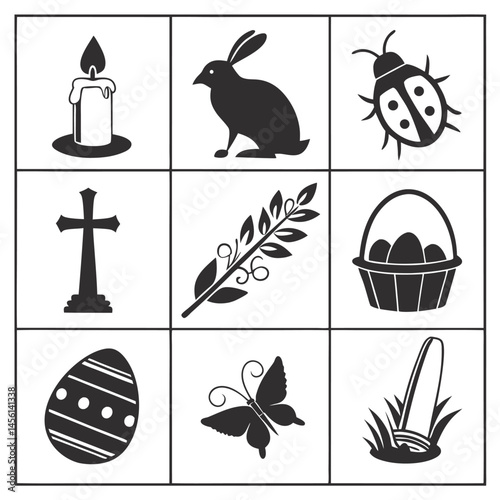Black Easter Icons Set Bunny, Egg, Cross, Basket & Spring Elements