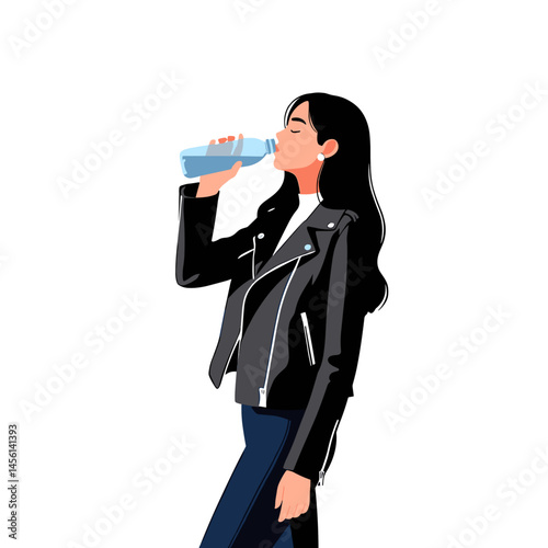 A young woman with long black hair wearing a fashionable black leather jacket drinks from a water bottle