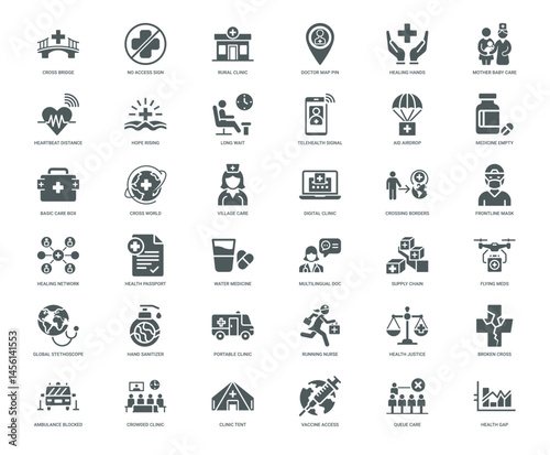 collection icons global healthcare challenges hopes infrastructure equity innovation frontline care