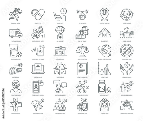 global healthcare challenges solutions collection line icons