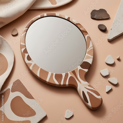 Elegant Giraffe-Patterned Hand Mirror Displayed Amidst Ceramic Tiles and Artistic Accoutrements