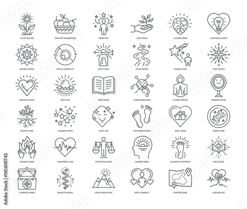 finding life purpose and inner fulfillment icon set