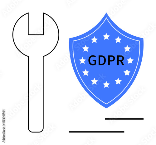 Blue shield with GDPR text and stars beside a wrench, representing data protection, compliance, and technical support. Ideal for privacy, security, technology, repair, law IT systems flat simple